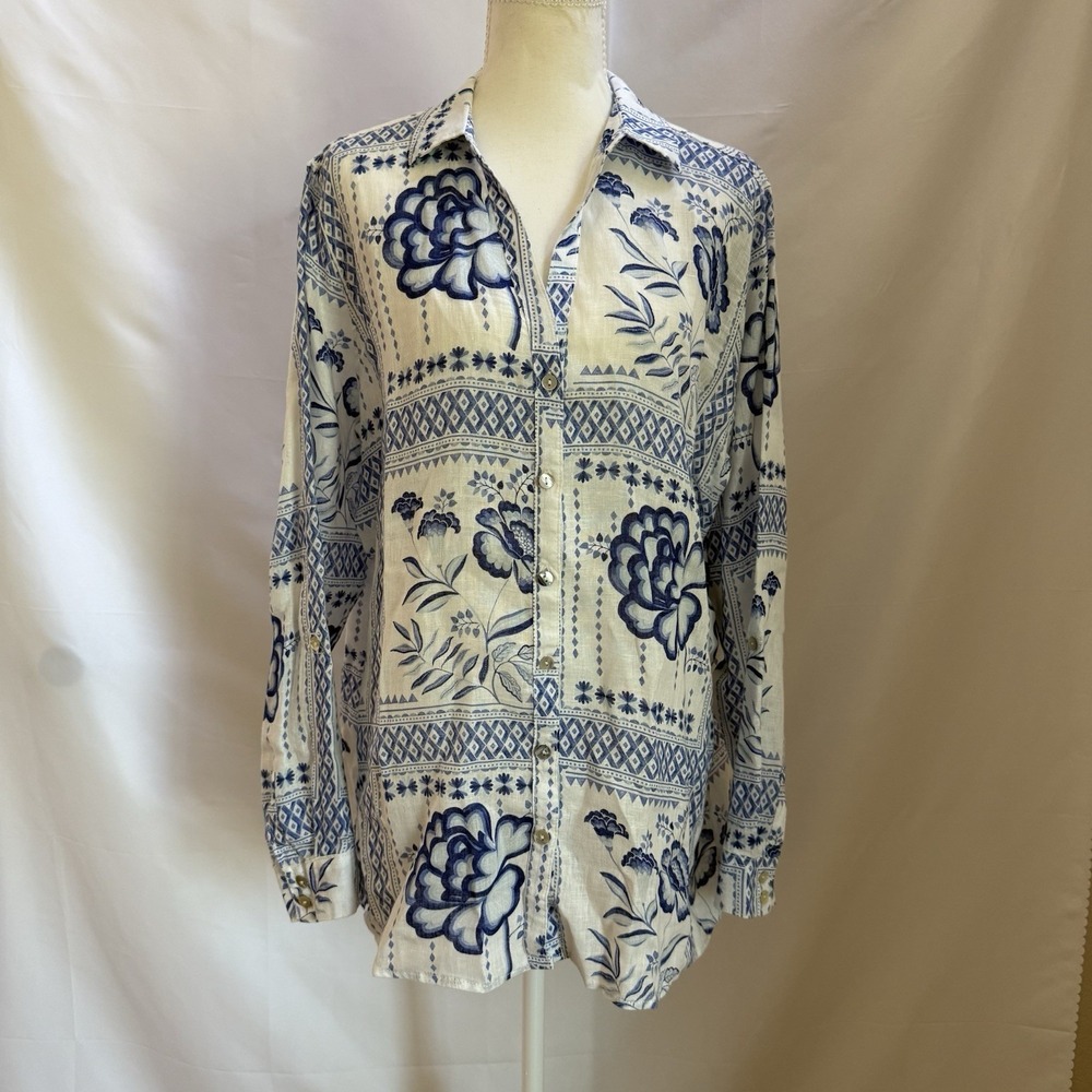 Halston Heritage Blue and White Linen Button-Up Shirt Large‎ Coastal Resort